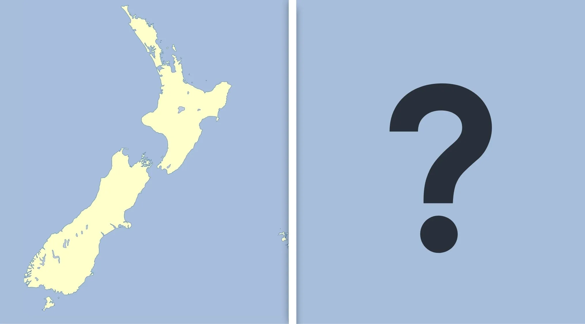 Map of New Zealand on the left and a large question mark on the right, representing a geography quiz on commonly confused countries.