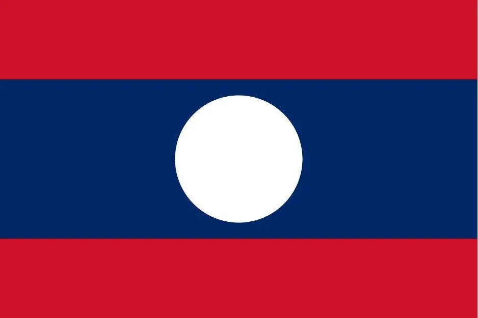 Flag featuring a blue horizontal stripe with a white circle in the center and red stripes on the top and bottom.
