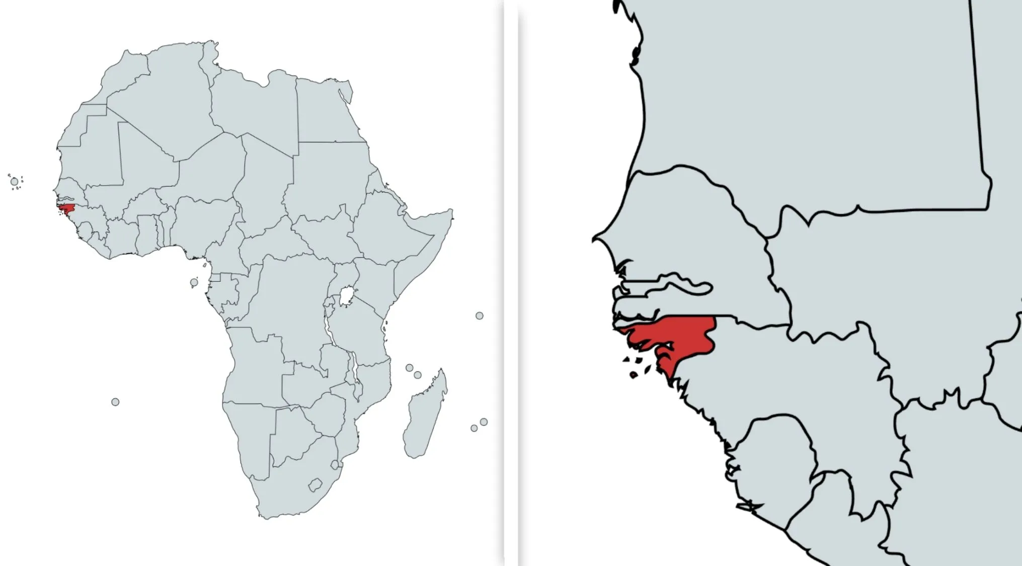 Map of Africa highlighting Guinea-Bissau in red, showing commonly confused countries in geography quizzes.