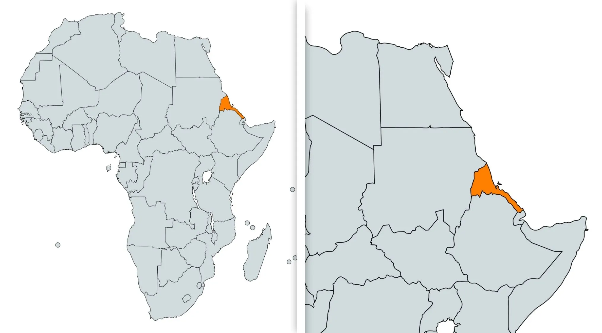 Map of Africa highlighting Ethiopia or Eritrea in orange, illustrating commonly confused countries in a geography quiz.