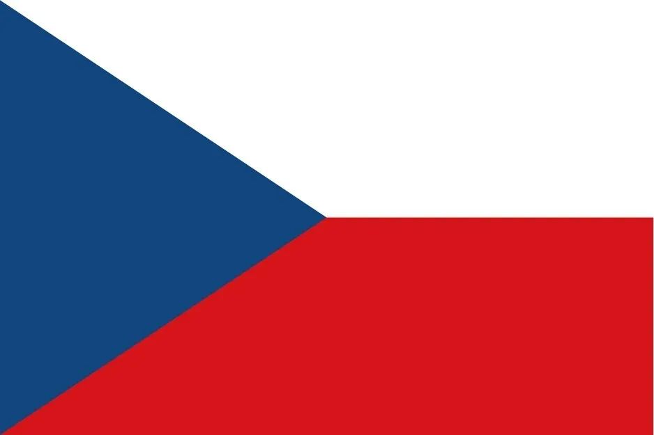 Blue triangle, red and white horizontal stripes of the Philippines flag against a plain white background.