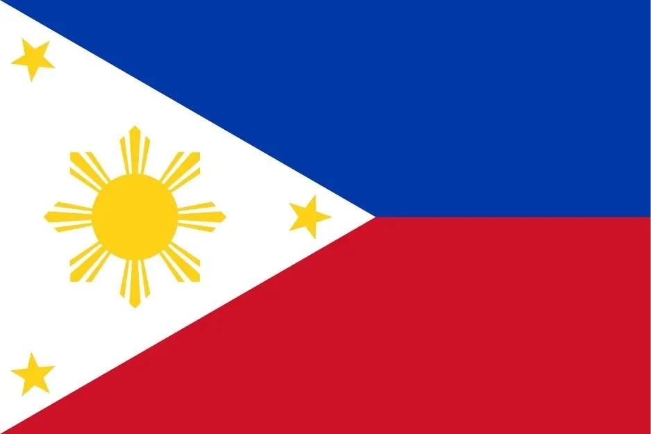 Philippines flag with blue, red stripes, white triangle, yellow sun, and three stars on a plain background.
