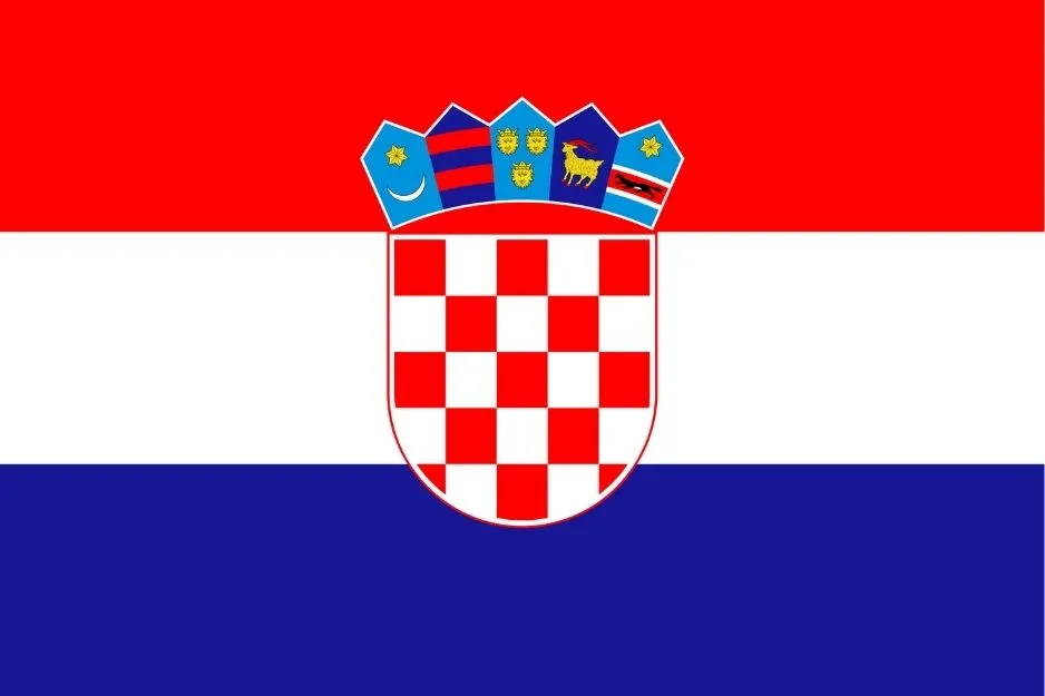 Flag with red, white, and blue horizontal stripes featuring a central shield with a checkerboard pattern and symbols.
