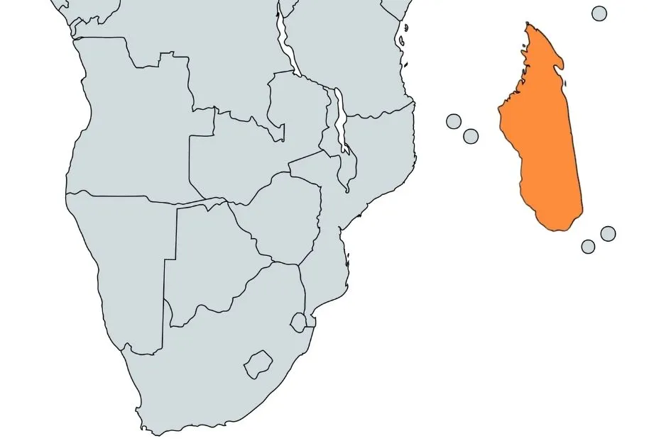 Map highlighting the correct location of Madagascar off the southeast coast of Africa in orange.