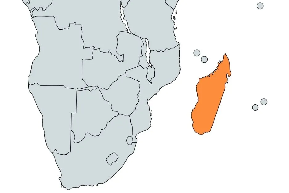 Map of southern Africa highlighting Madagascar in orange to show the correct location of Madagascar B on the continent's east side.