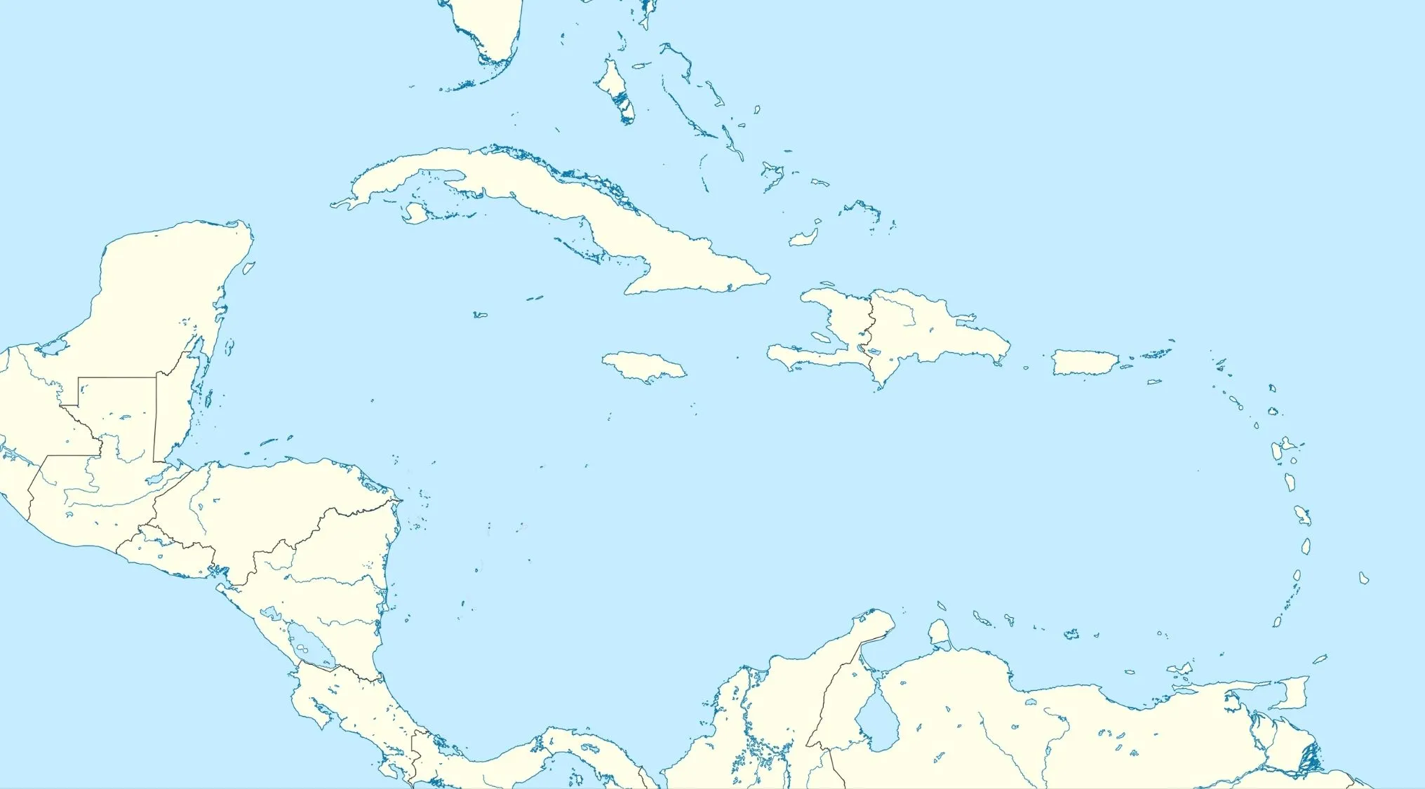 Map showing countries in the Caribbean region for a geography quiz on commonly confused countries.