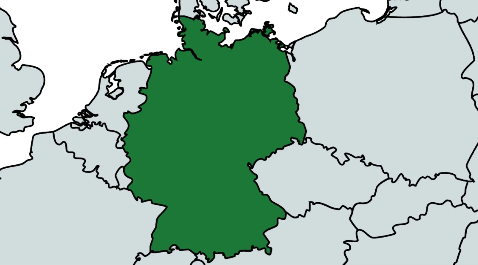 Map highlighting Germany in green, used for a geography quiz about commonly confused countries bordering Germany.