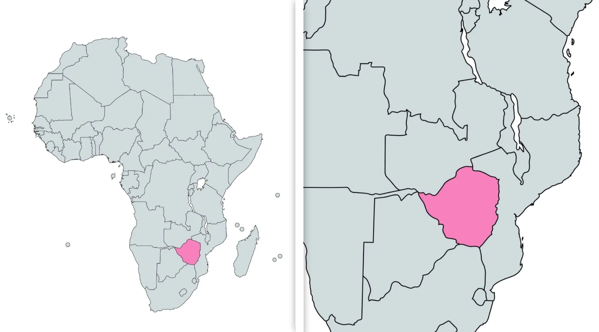 Map of Africa highlighting a country for the geography quiz on commonly confused countries Botswana Zimbabwe or Zambia.