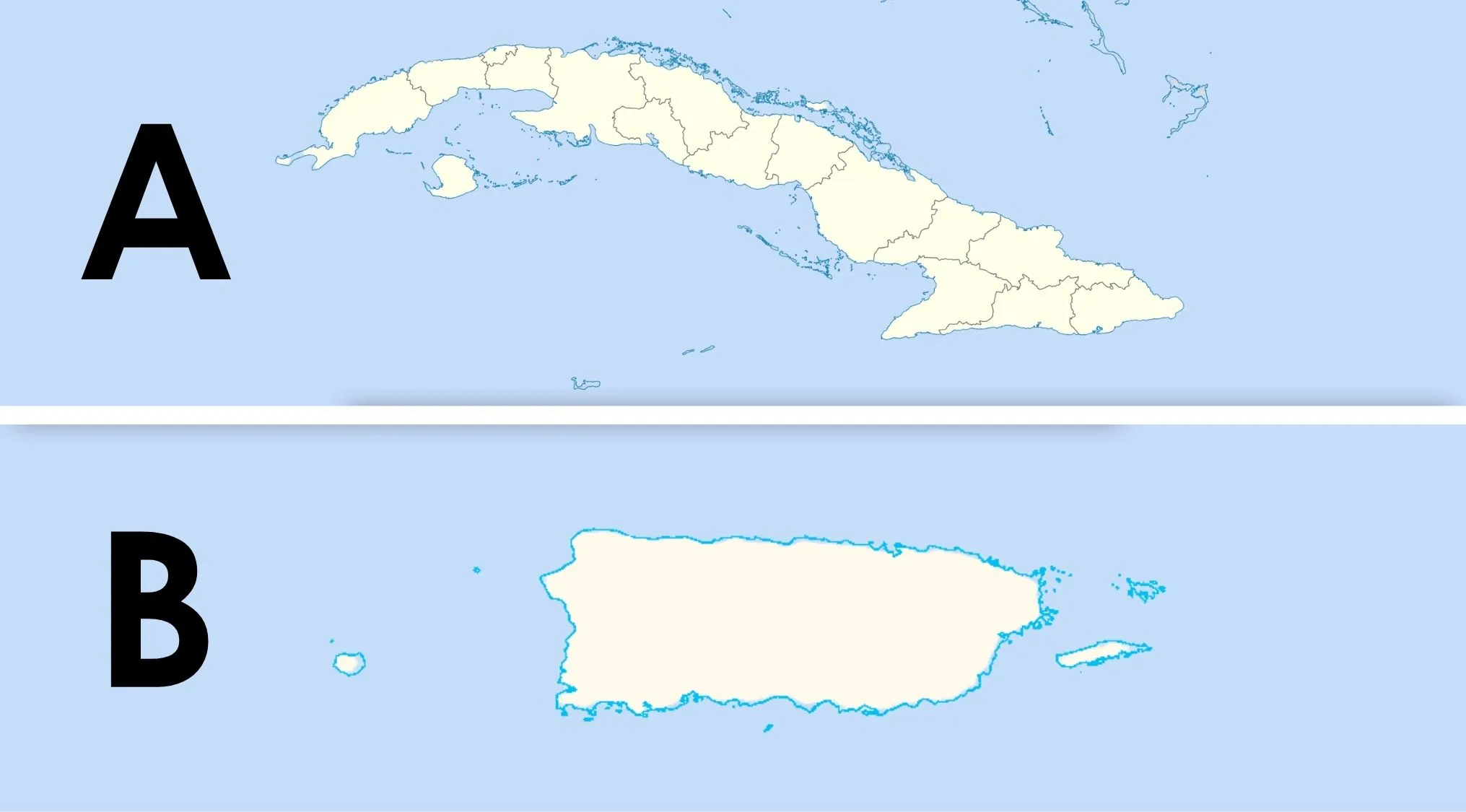 Two maps labeled A and B showing commonly confused countries, asking which one is the correct map of Cuba for geography quiz.
