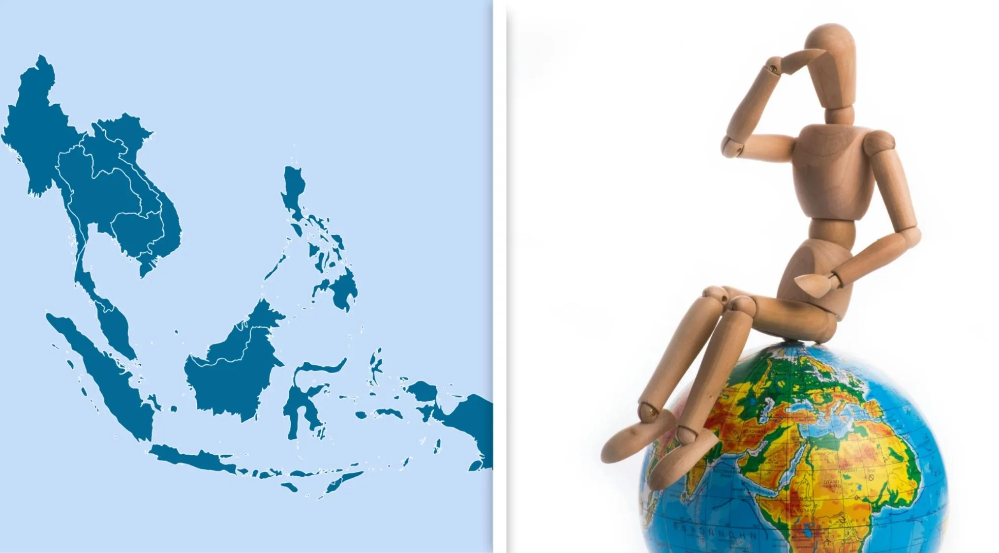 Map of Southeast Asia countries alongside a wooden mannequin sitting thoughtfully on a globe, geography quiz concept.