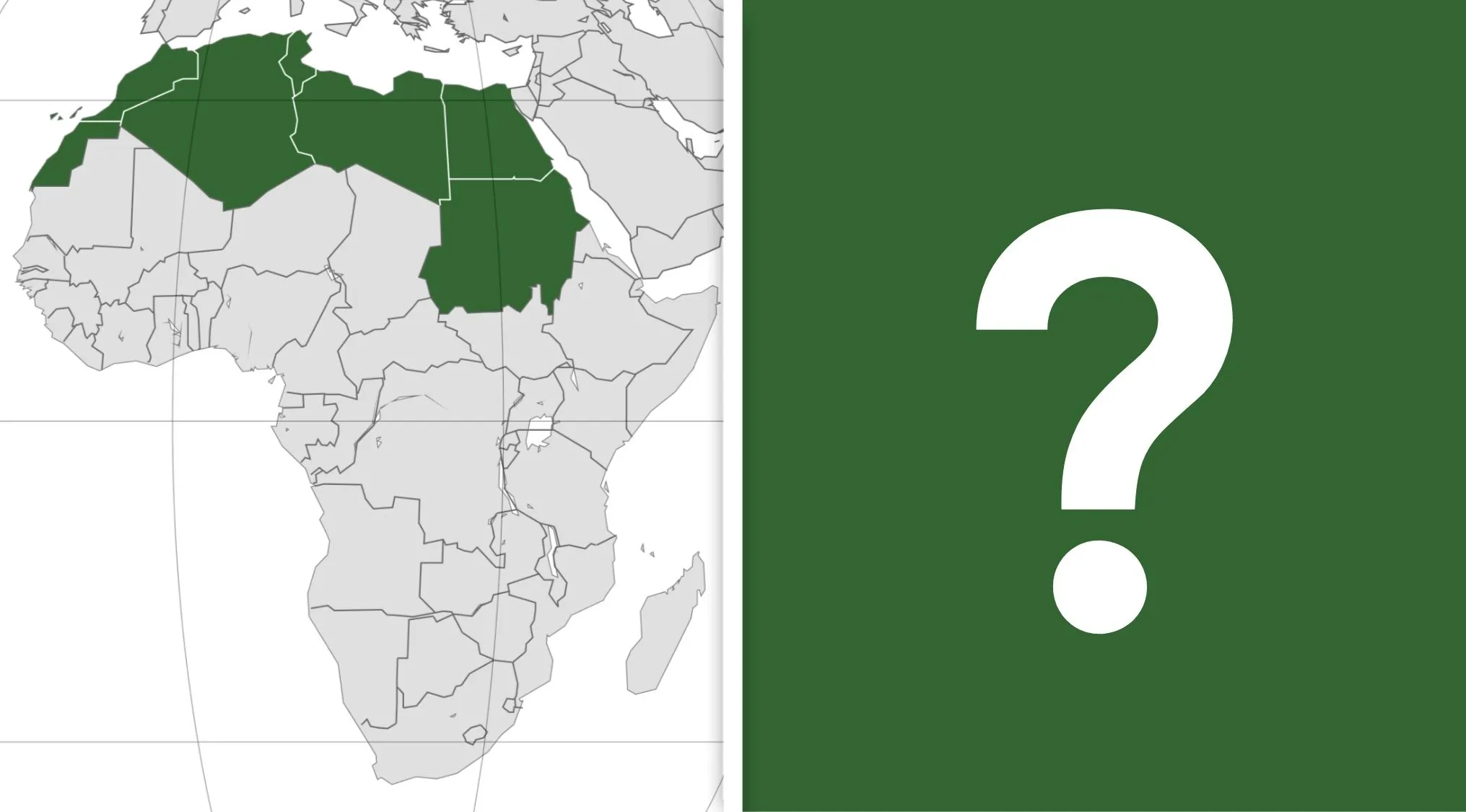 Map highlighting commonly confused countries in North Africa, shown in dark green with a question mark on a green background.