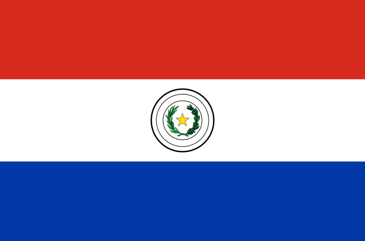 Paraguay flag with red, white, and blue horizontal stripes and national emblem in the center circle.
