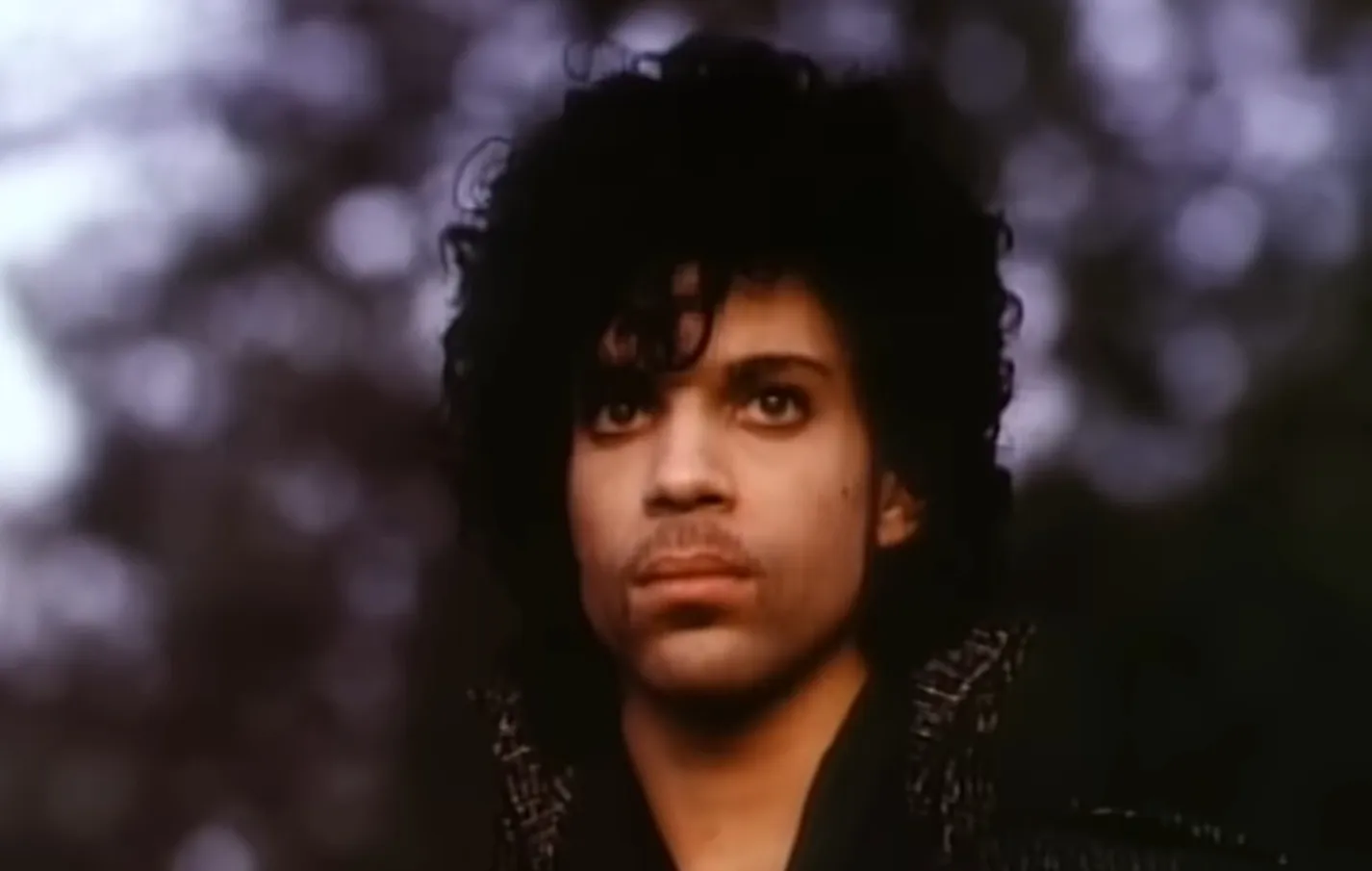 Well-known '80s and '90s music icon with curly hair and mustache, gazing thoughtfully against a blurred background.