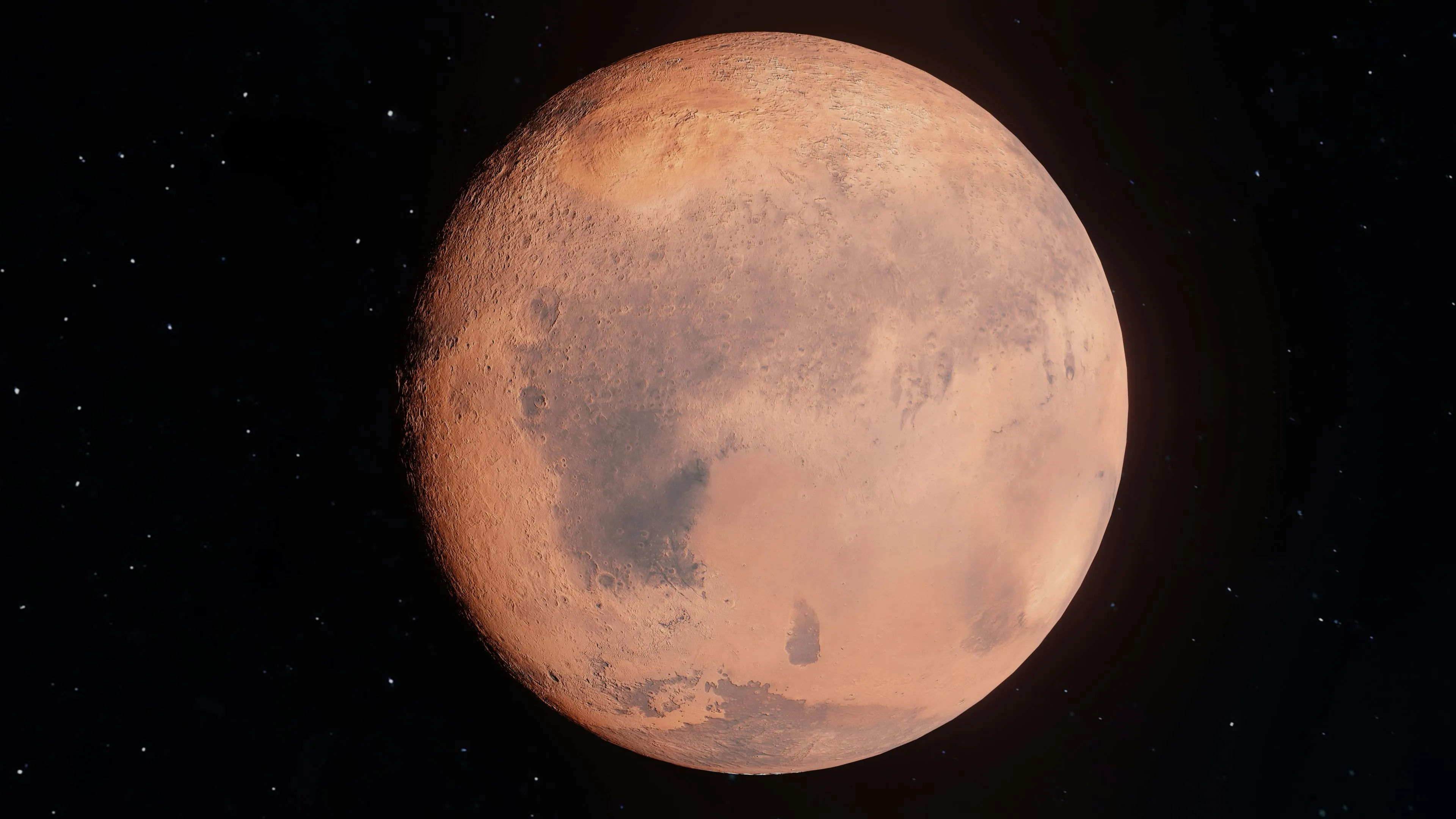 Close-up view of the Red Planet Mars, showing surface details against the dark background of space.