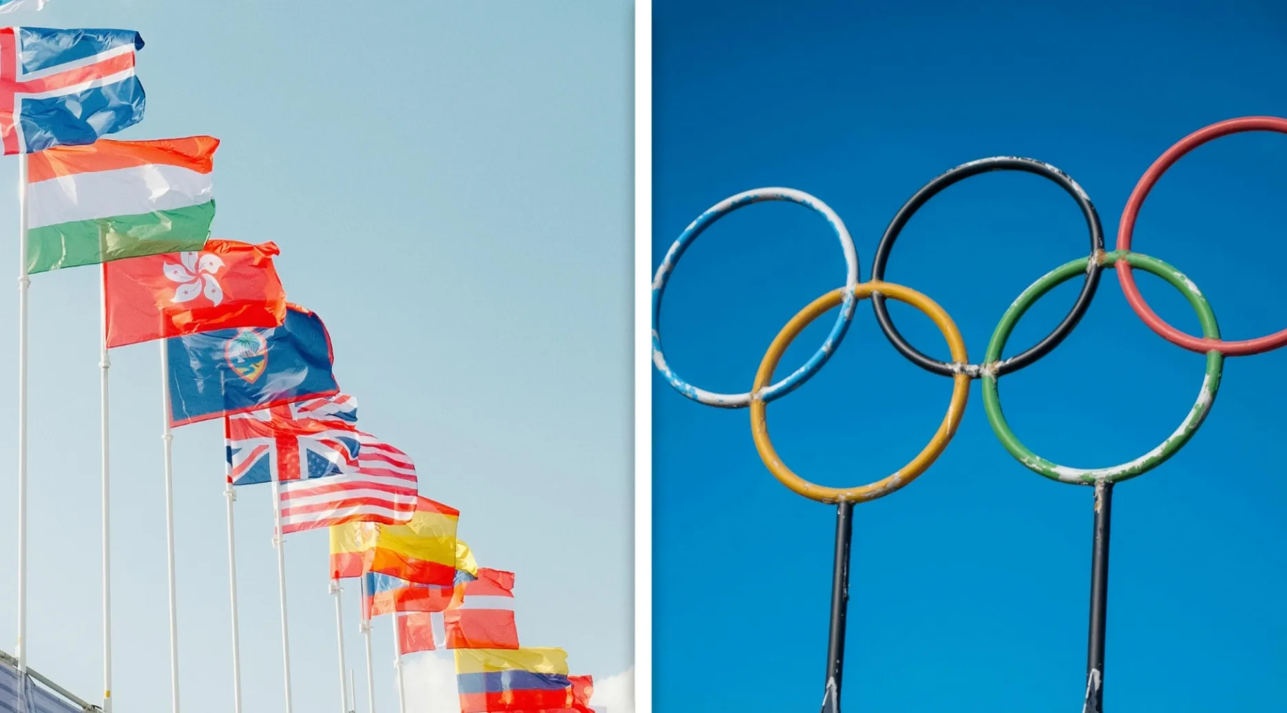 Olympic flags and rings against a clear sky representing the 2016 Summer Olympics quiz question about the host country.