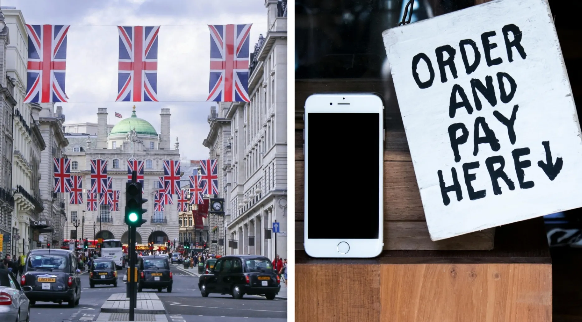 Street decorated with UK flags showing pub quiz currency question and order and pay sign next to a smartphone on wooden table