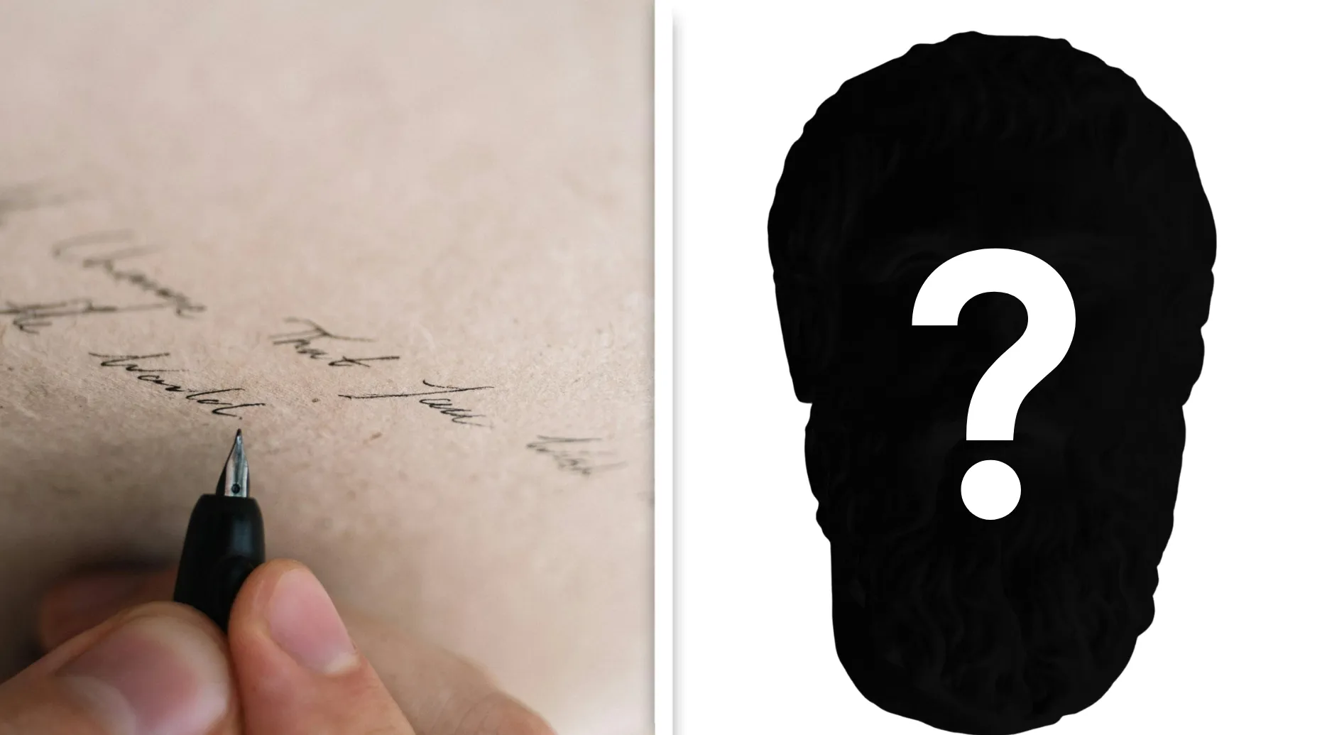 Close-up of a person writing on paper with a pen next to a silhouette of a philosopher bust with a question mark for pub quiz.