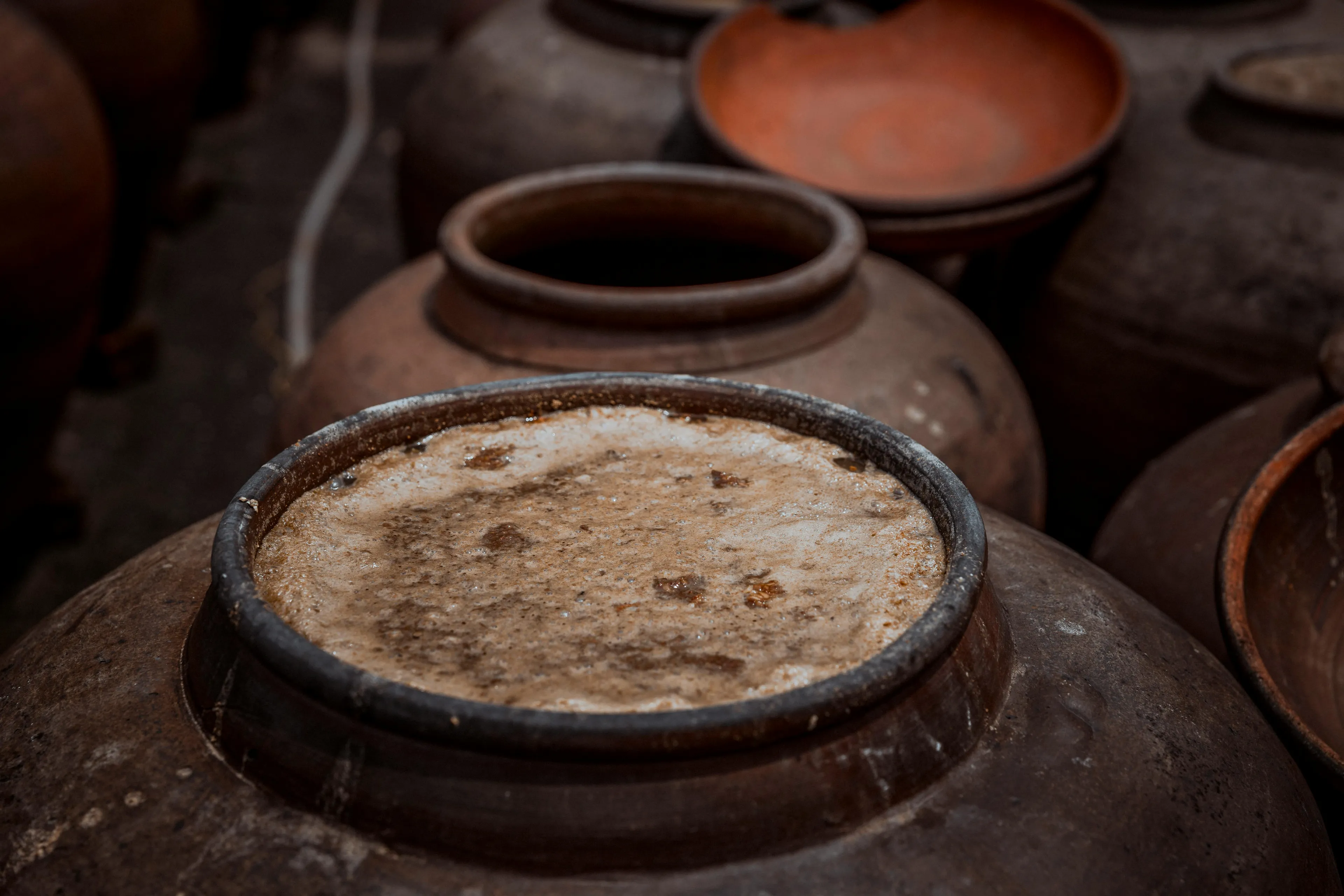Fermentation process shown in large clay pots, converting sugar into alcohol using yeast in traditional brewing.