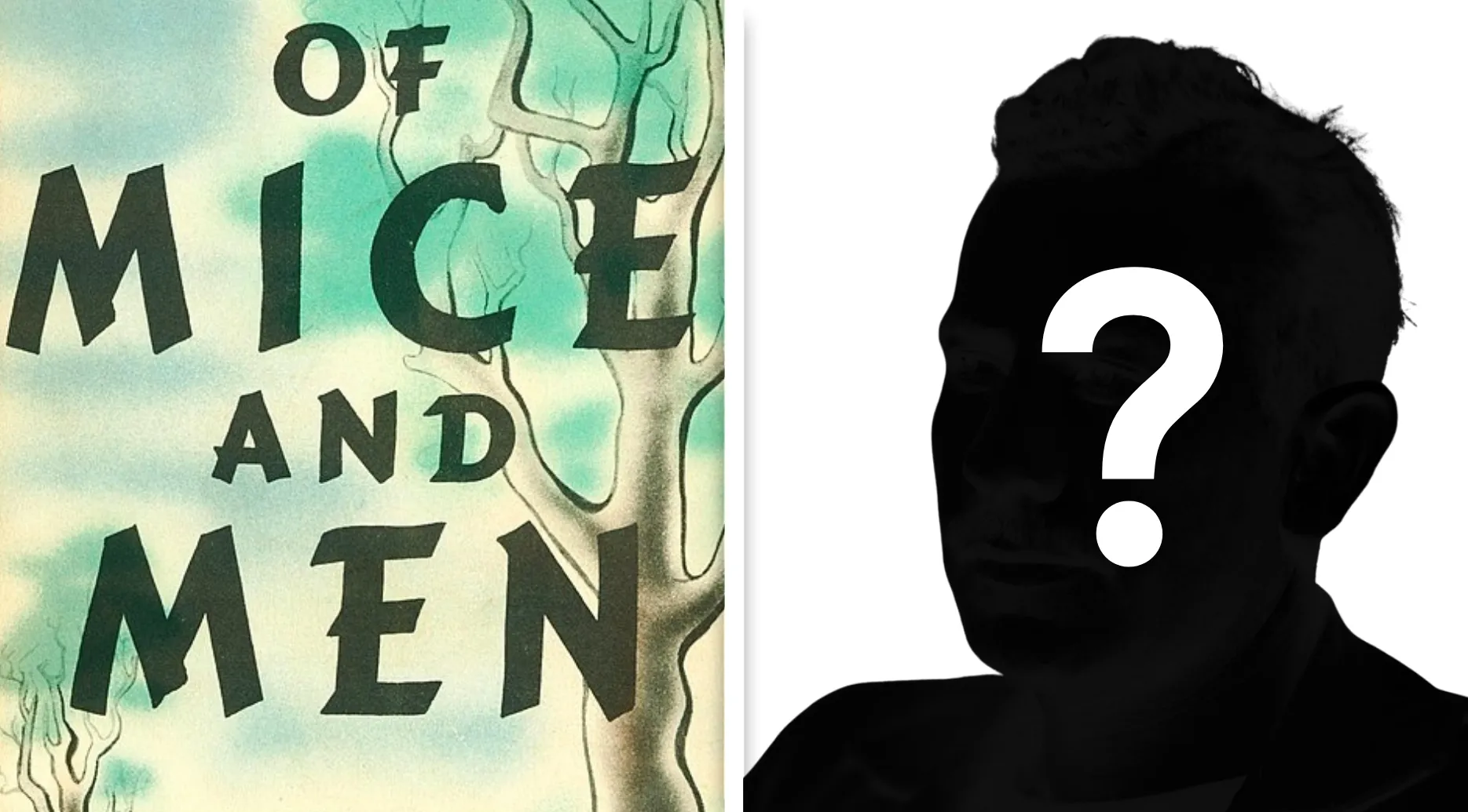 Cover of Of Mice and Men book next to silhouette of a person with a question mark, pub quiz author trivia concept.