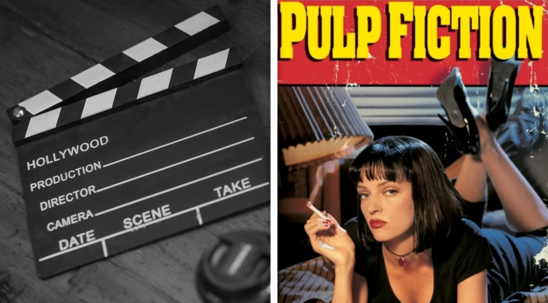 Film clapperboard on a table next to a poster of Pulp Fiction, referencing director Quentin Tarantino.