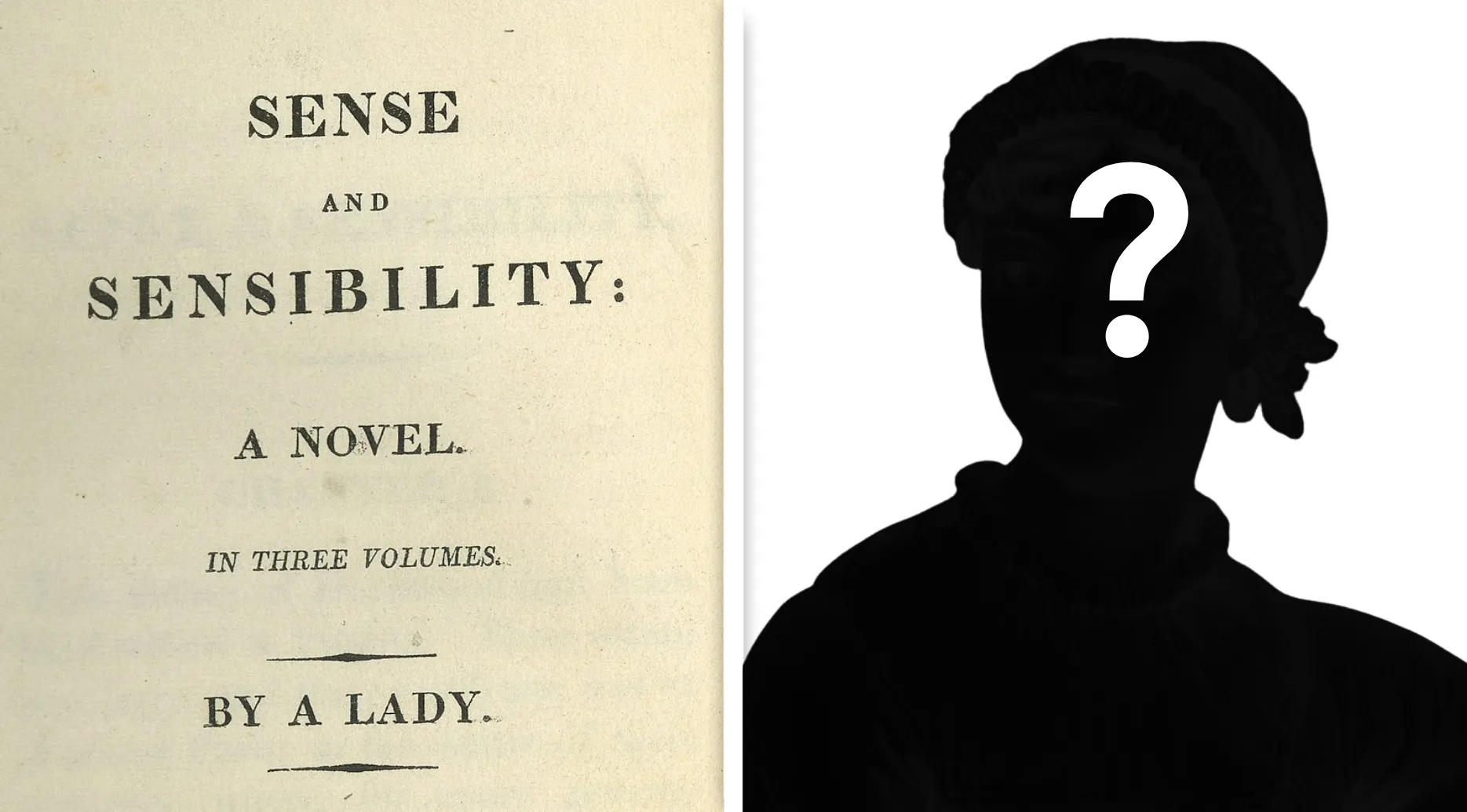 Title page of Sense and Sensibility novel by unknown author with silhouette and question mark over head.