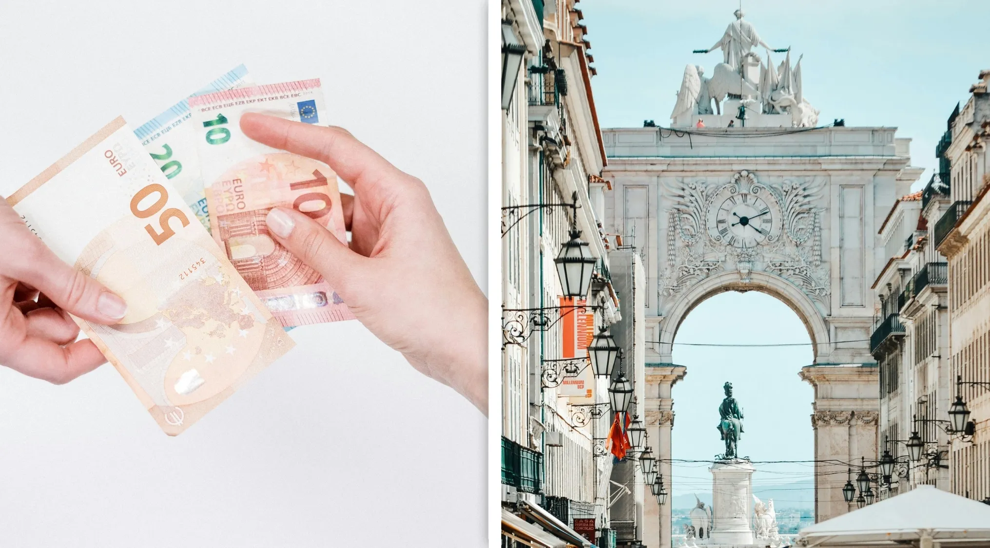 Hands holding euro banknotes and a street view of the iconic arch in Lisbon, capital of the euro-using country Portugal.