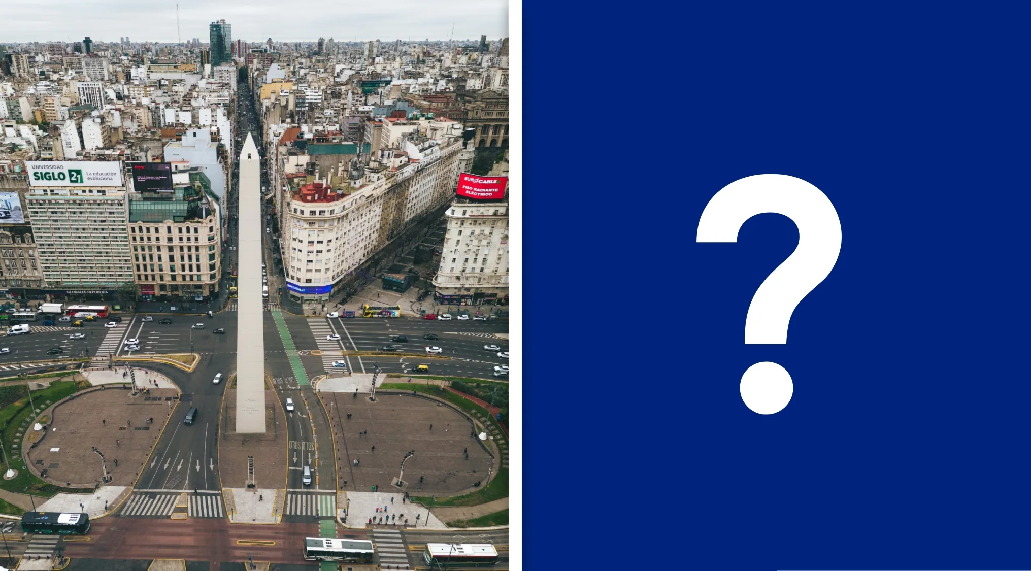 Aerial view of the Obelisk in Buenos Aires, a key visual hint for the geography challenge guessing the country.