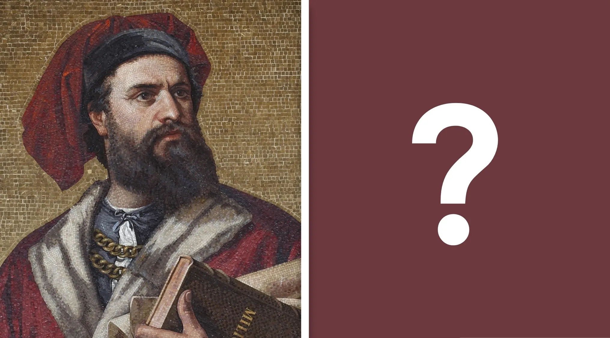 Famous historical figure holding books as a visual hint for geography challenge to guess the country.