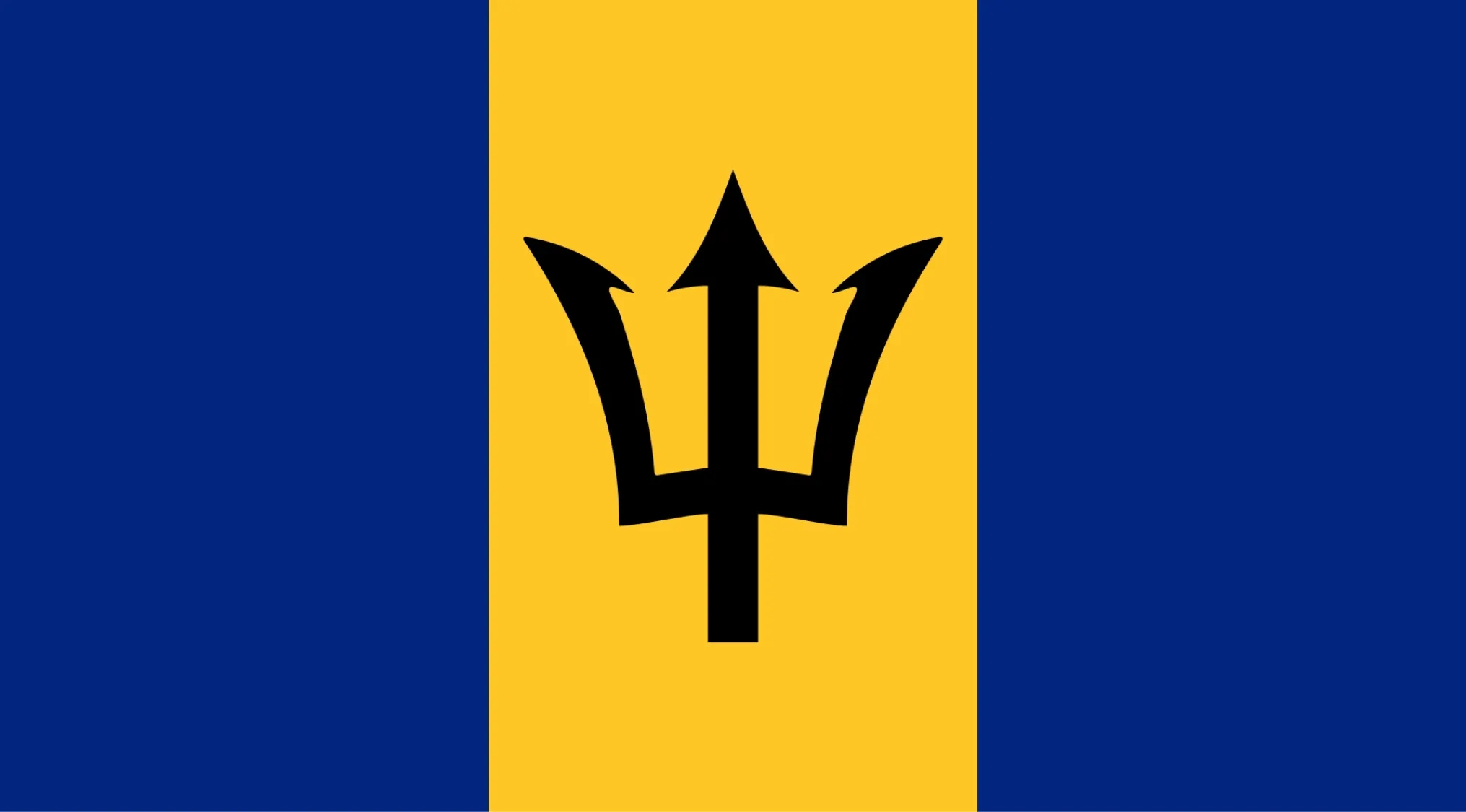 Flag of Barbados with vertical blue and gold stripes and a black trident, geography challenge guessing the country.