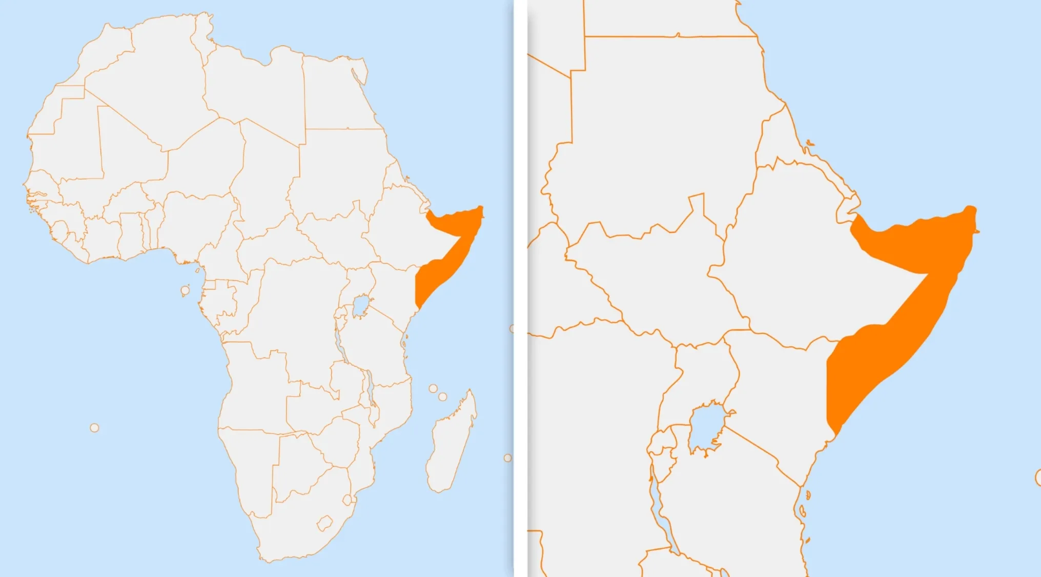 Map of Africa showing a country highlighted in orange on the eastern coast as a geography challenge visual hint.