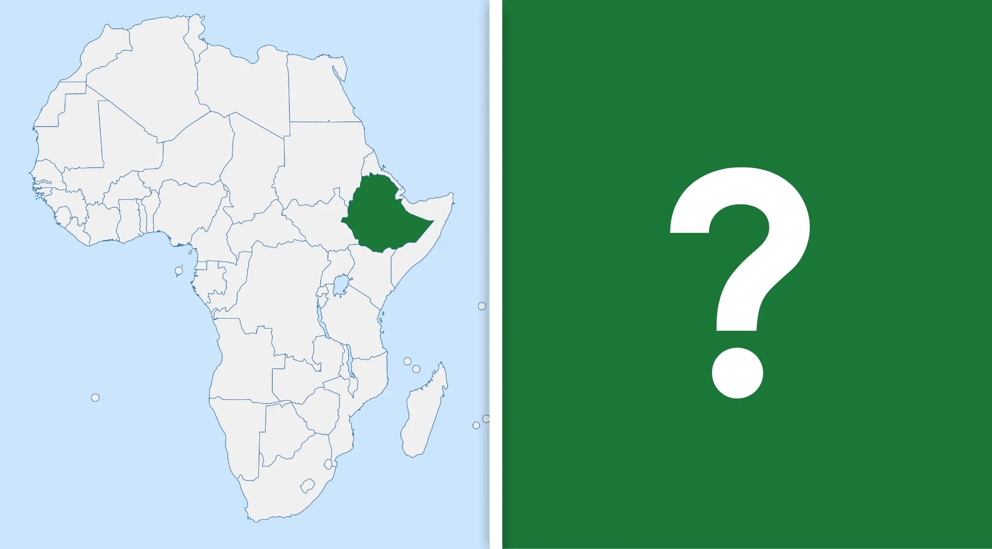 Map of Africa showing Ethiopia highlighted in green as a geography challenge to guess the country from the visual hint.