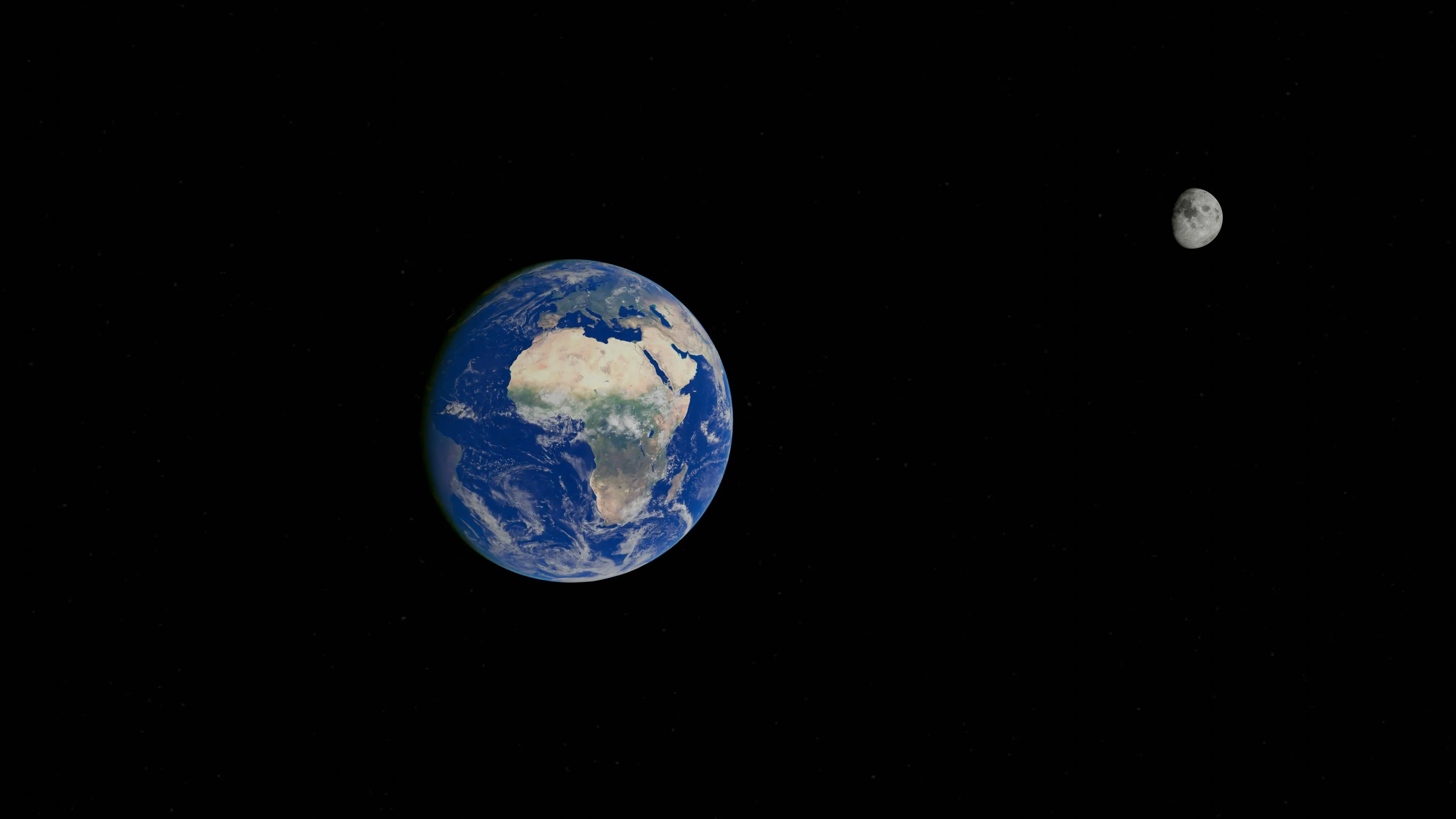 Earth and Moon in space illustrating Isaac Newton's law of universal gravitation in a dark starry background.