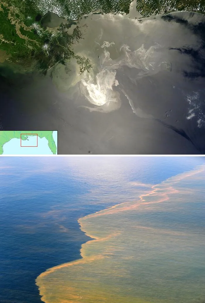 Satellite and aerial images showing ocean pollution and oil spills illustrating events from 1960 to 2010 by year of birth.