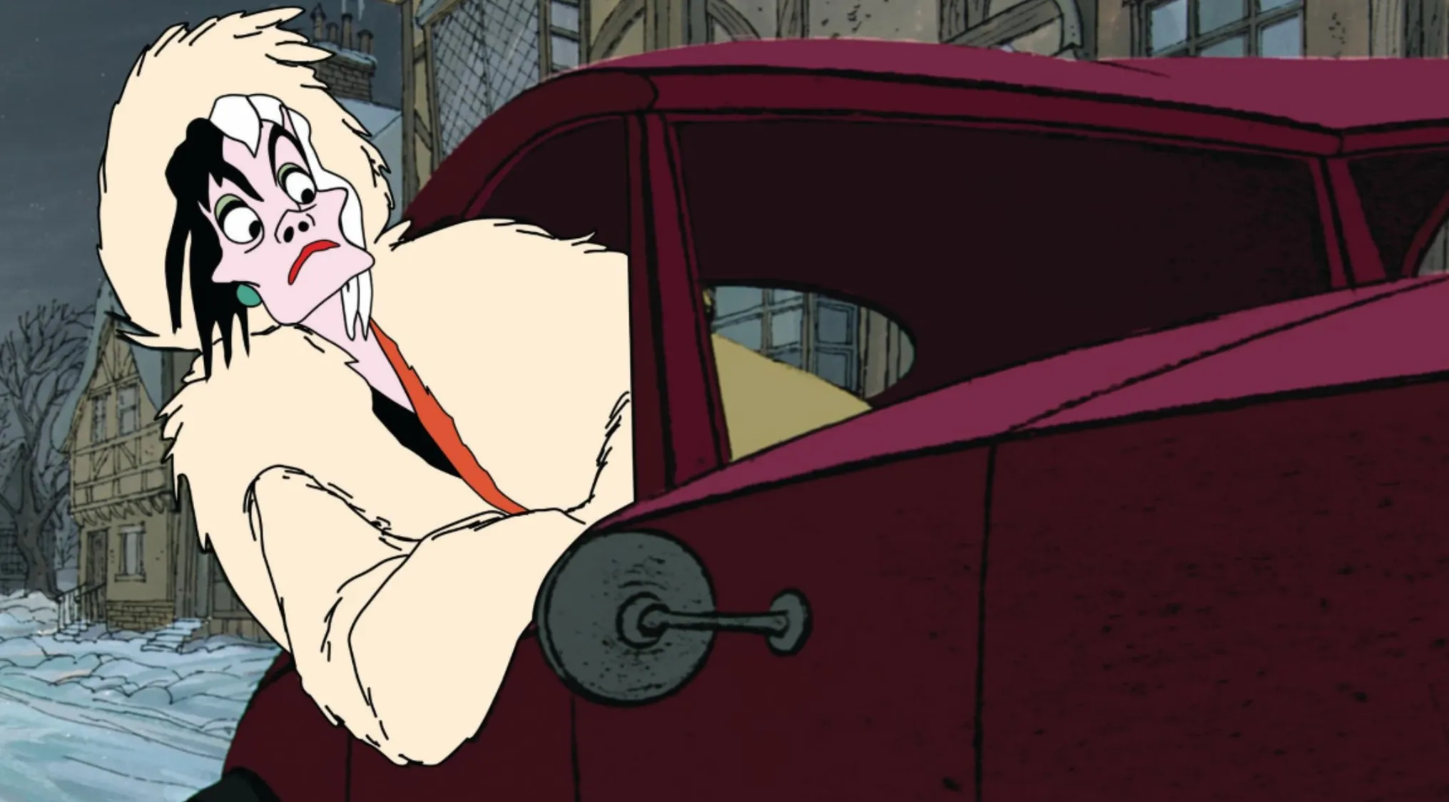 Animated 60s movie scene featuring a character with a white fur coat leaning out of a vintage red car door.