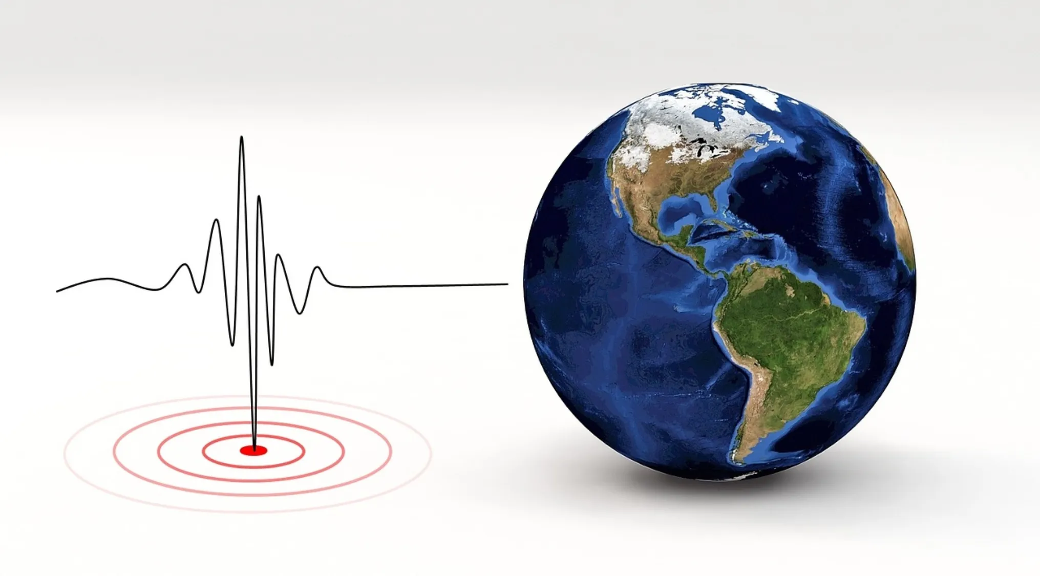 Earth with a red epicenter and a seismograph line illustrating an earthquake measured using the Richter scale.