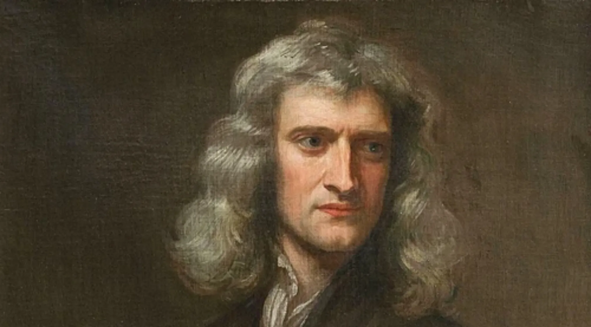 Portrait of the famous scientist known for the laws of motion, with long curly hair and a serious expression.