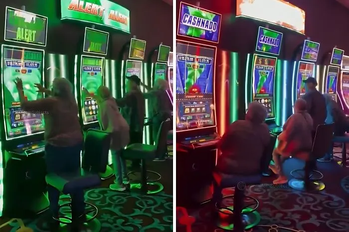 Personas jugando en máquinas tragamonedas con luces de neón en casino, escena divertida de la vida cotidiana en EEUU.