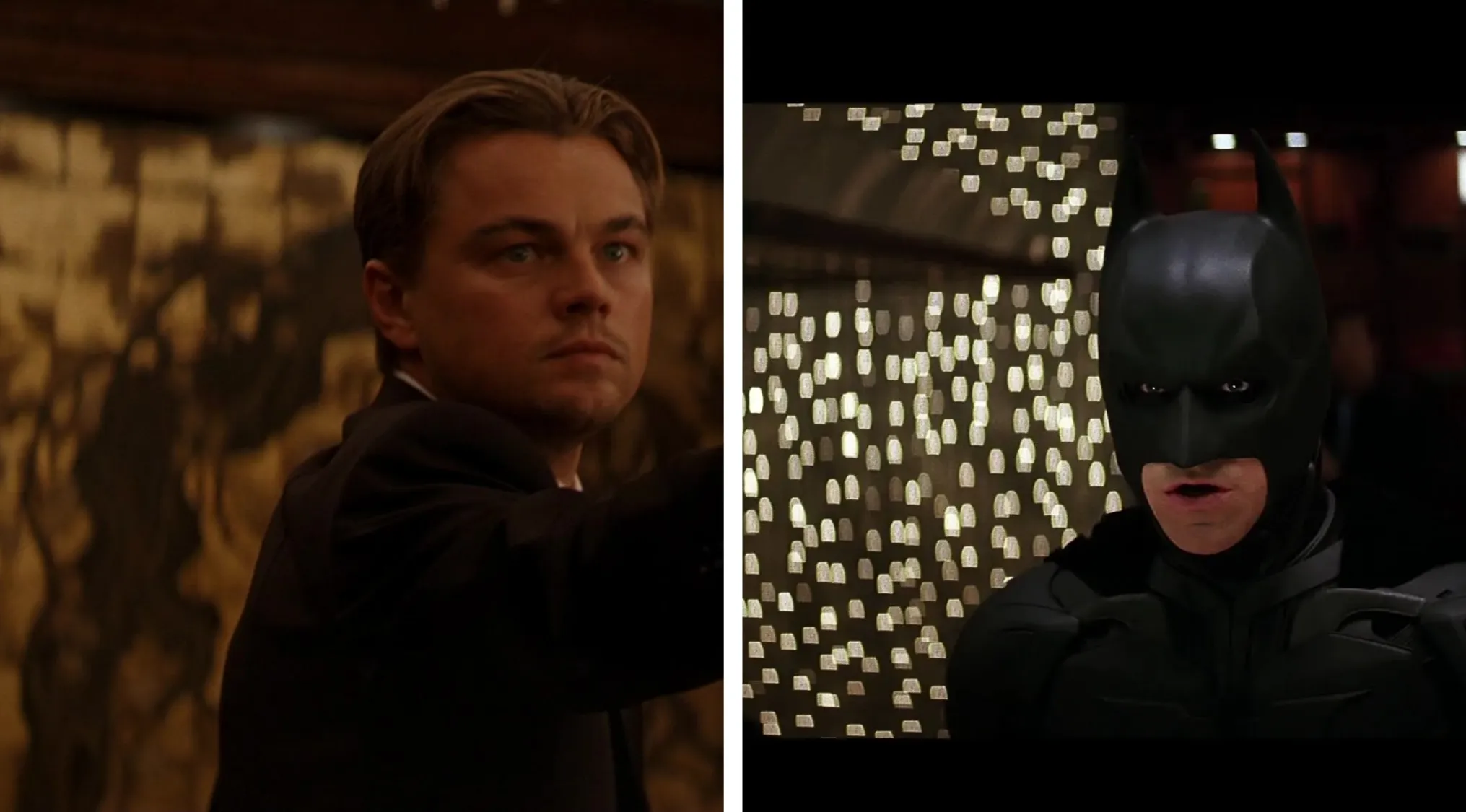 Split image showing Leonardo DiCaprio in a scene from Inception and Batman in suit from The Dark Knight trilogy.