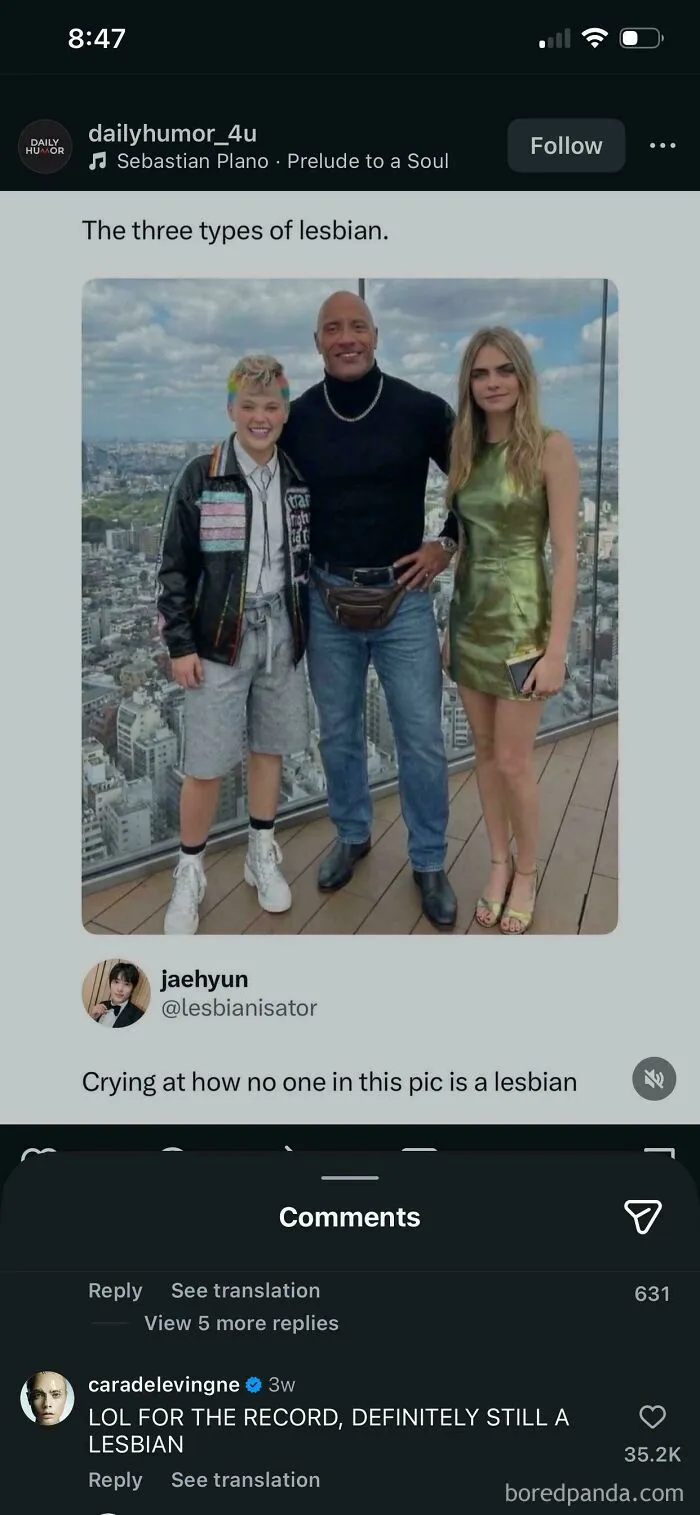 Cara De Levigne Official Page Reacting To 3 Type Of Lesbians Meme