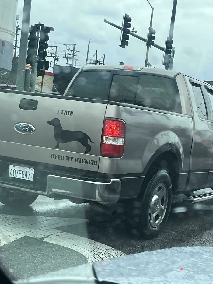 A funny bumper sticker on a truck that reads, I TRIP OVER MY WIENER, with a dachshund silhouette.