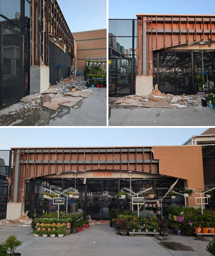 The Front Fell Off My Local Home Depot. Apparently, The Faux Brick Facade Was Only Held On By Drywall Anchors For The Last 25 Or So Years