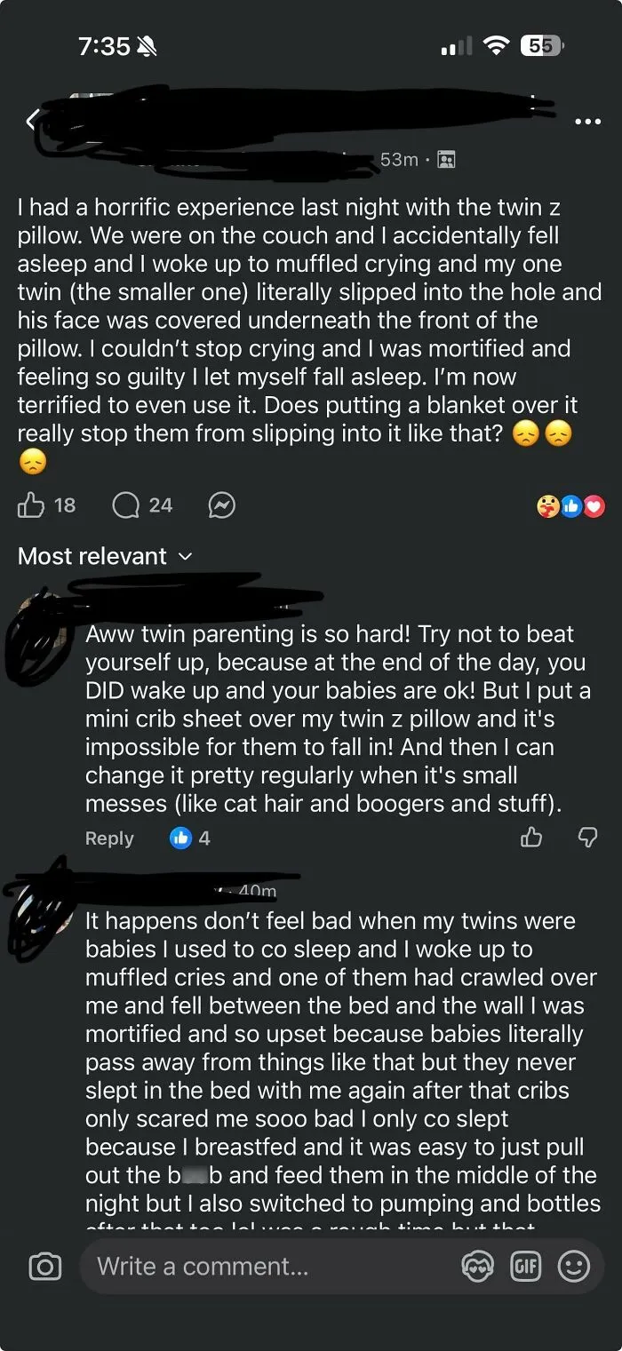 Parent discusses terrifying twin z pillow incident causing guilt and fear of using it again