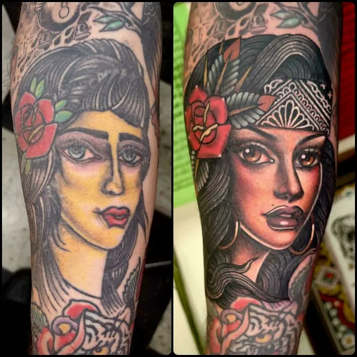 Before and after images of a stunning tattoo on an arm, showing a woman's face updated with richer colors and details.