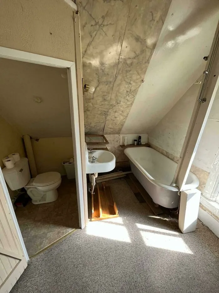 A strange DIY bathroom setup featuring a sink and bathtub in a open carpeted room next to a small toilet nook.
