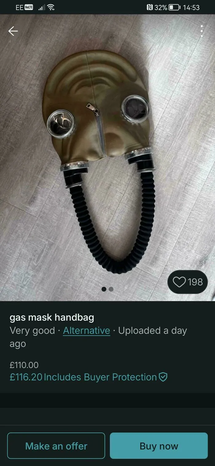 An unconventional gas mask handbag showcased online as a questionable DIY project.