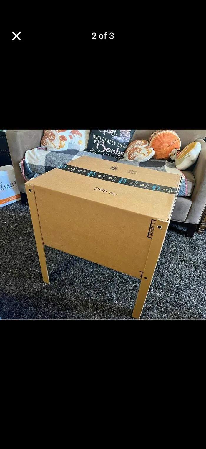 A cardboard shipping box converted into a small table standing in a living room as questionable DIY projects.