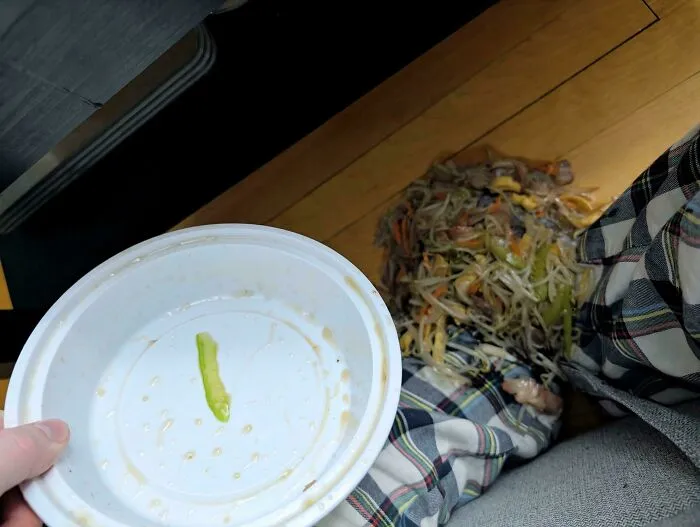 Spilled noodles and vegetables on a plaid surface next to an empty bowl, a scene from a not interesting community.