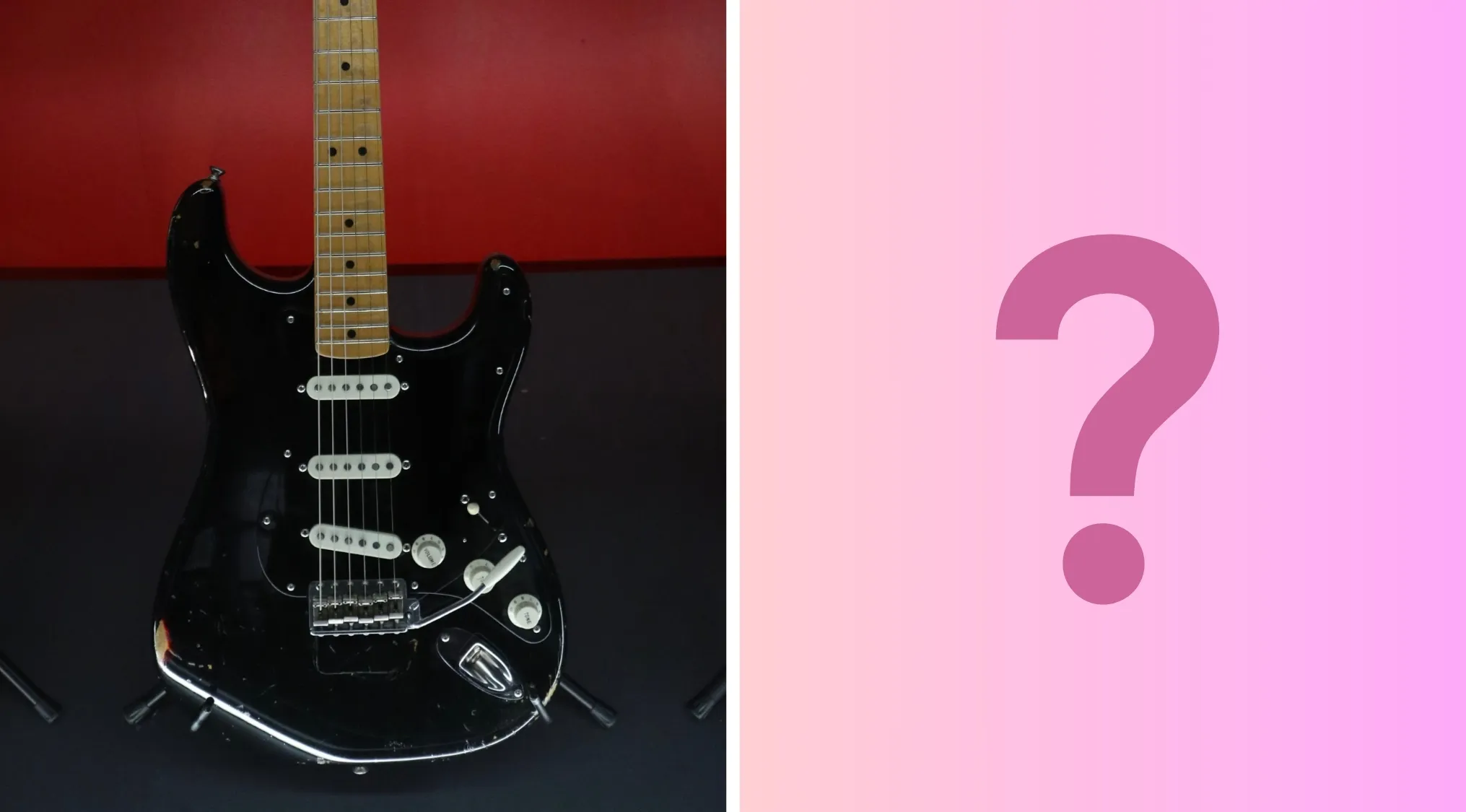 Black Strat guitar of David Gilmour with worn finish against red and black background beside a pink question mark.