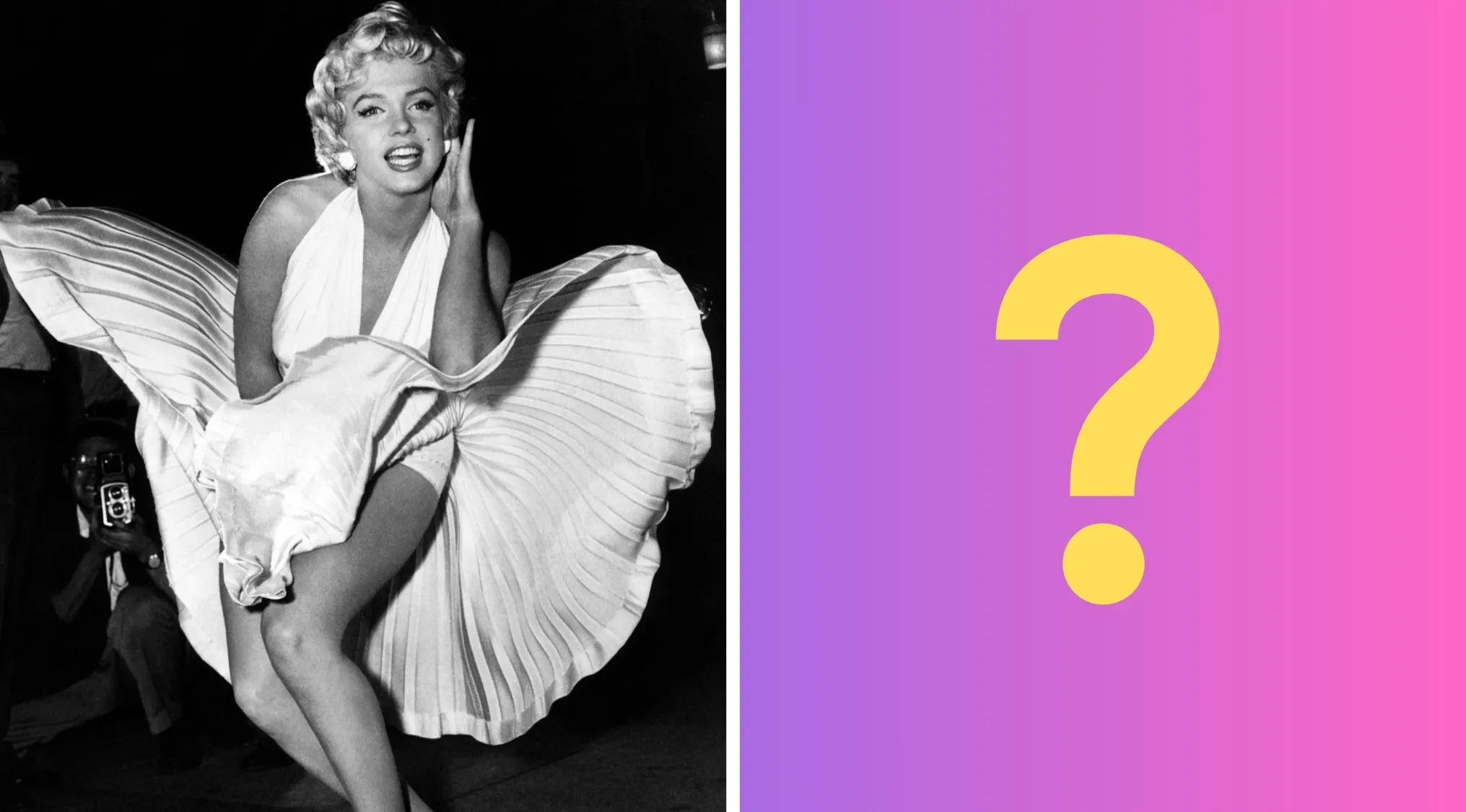 Marilyn Monroe wearing the iconic white dress, a famous sold item with a price guess over or under 4 million dollars.