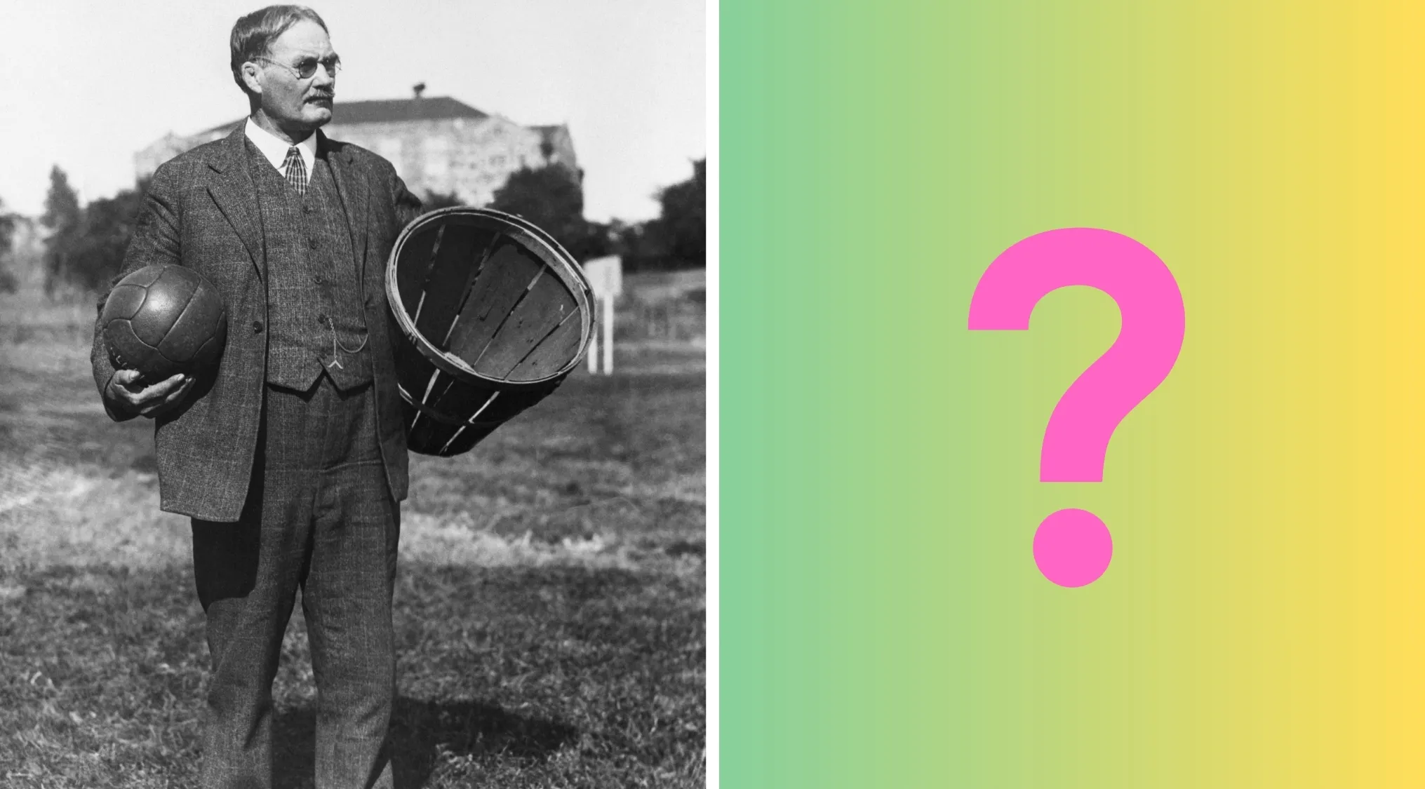 James Naismith holding early basketball and basket, related to founding rules of basketball sold in 2010 above six million dollars.